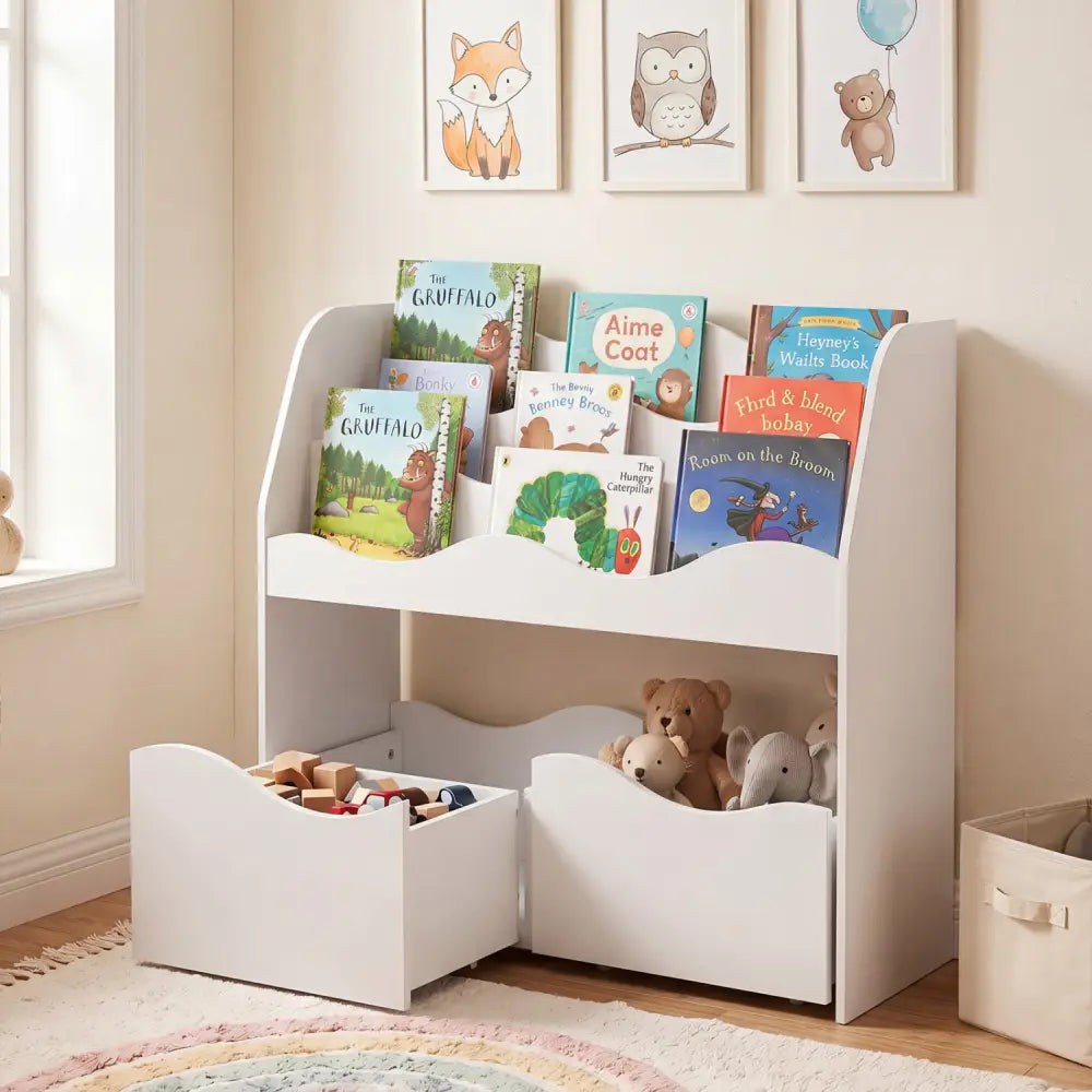 Kids Toy Wooden Storage Organizer with 2 Rolling Drawers for Kids Room-White - White - Kids Storage