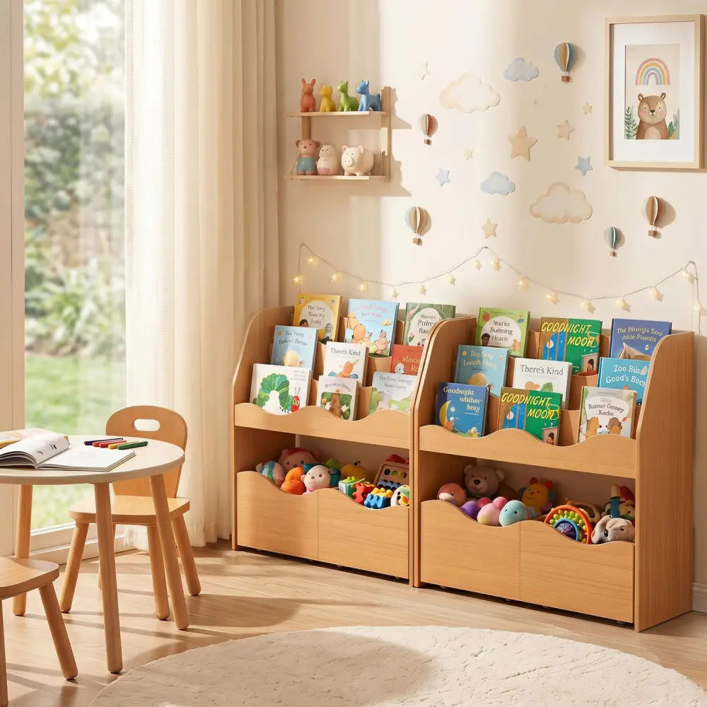 Kids Toy Wooden Storage Organizer with 2 Rolling Drawers for Kids Room-Natrual - Natural - Kids Storage
