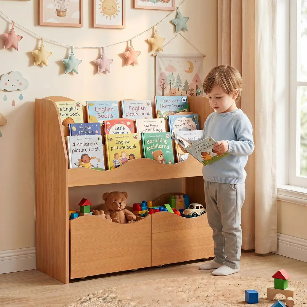 Kids Toy Wooden Storage Organizer with 2 Rolling Drawers for Kids Room-Natrual - Natural - Kids Storage