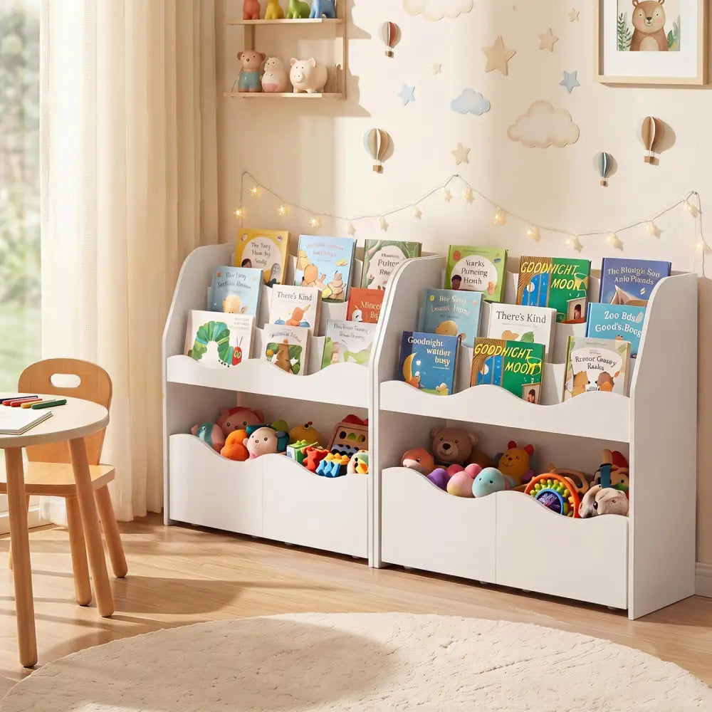 Kids Toy Wooden Storage Organizer with 2 Rolling Drawers for Kids Room-White - White - Kids Storage