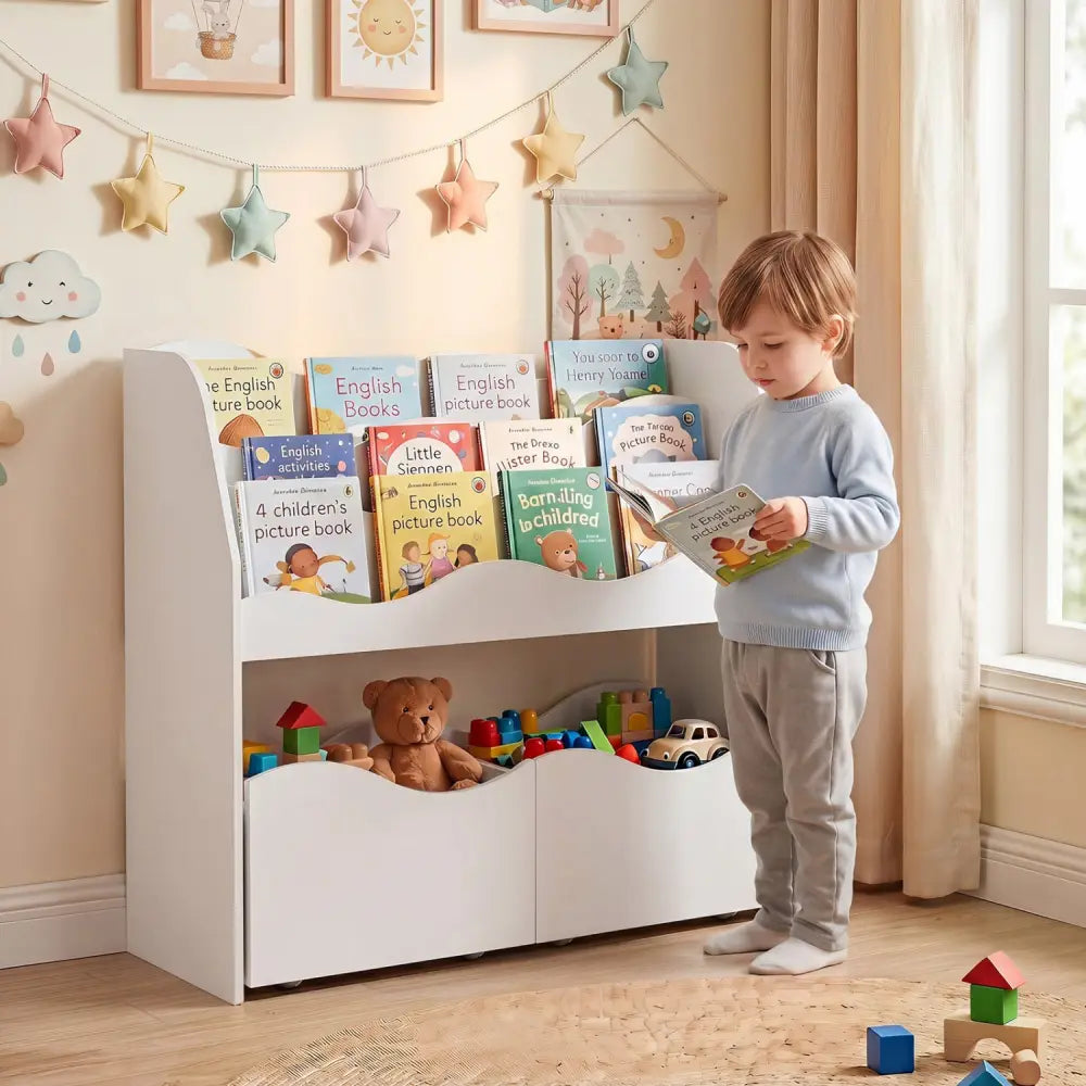 Kids Toy Wooden Storage Organizer with 2 Rolling Drawers for Kids Room-White - White - Kids Storage