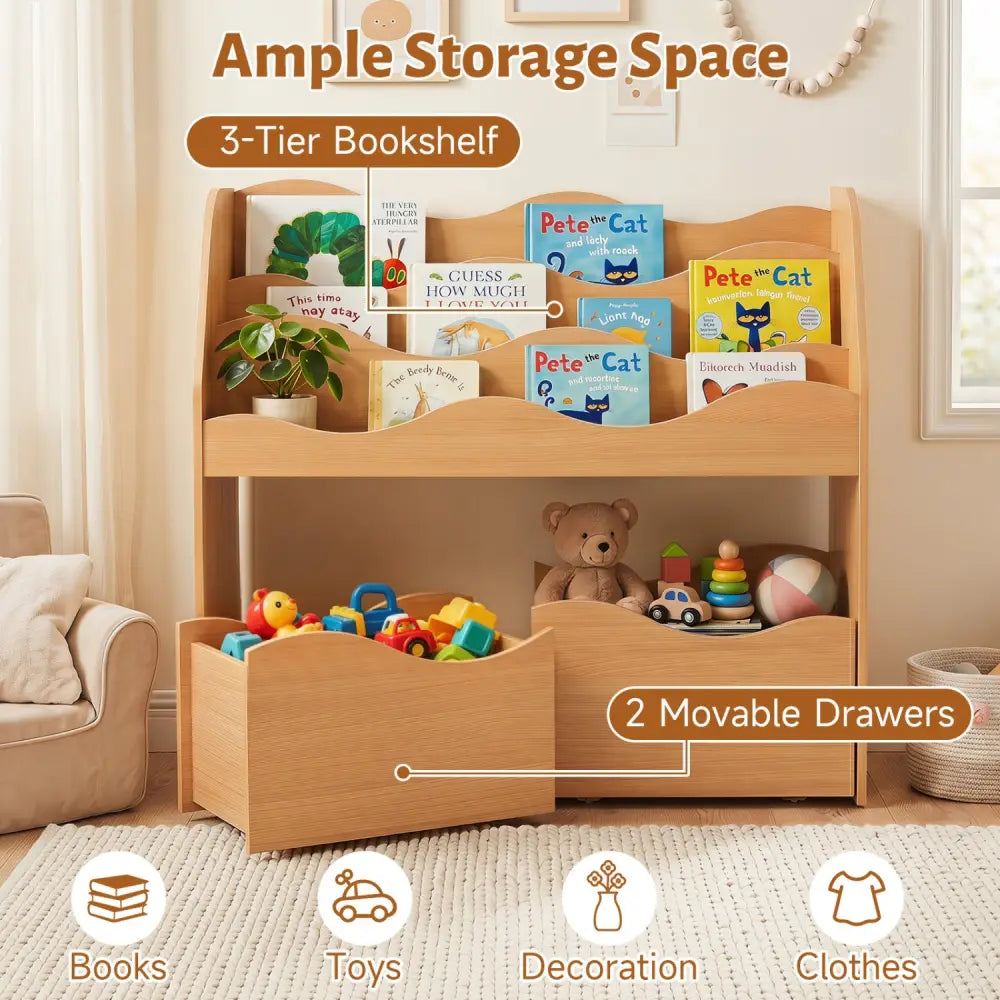 Kids Toy Wooden Storage Organizer with 2 Rolling Drawers for Kids Room-Natrual - Natural - Kids Storage