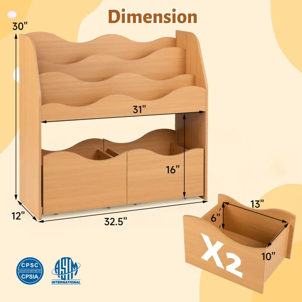 Kids Toy Wooden Storage Organizer with 2 Rolling Drawers for Kids Room-Natrual - Natural - Kids Storage