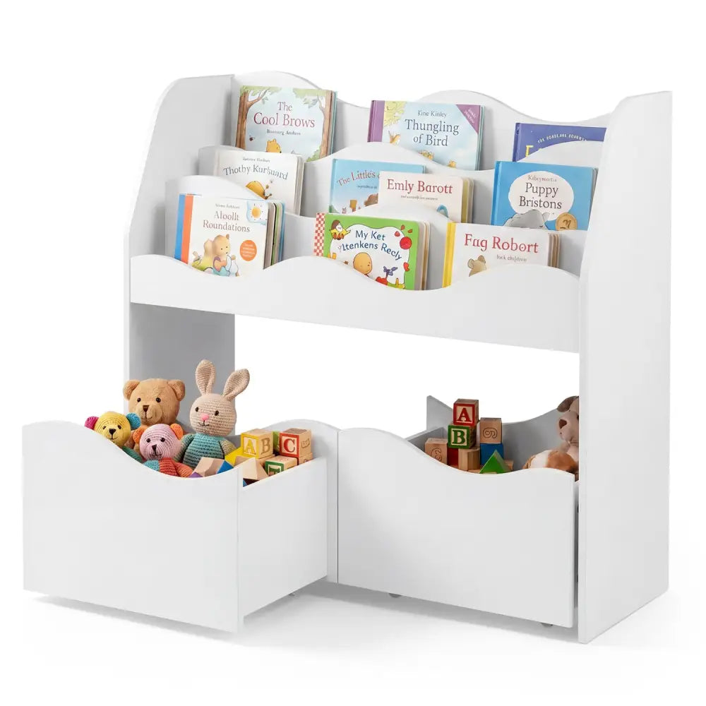 Kids Toy Wooden Storage Organizer with 2 Rolling Drawers for Kids Room-White - White - Kids Storage
