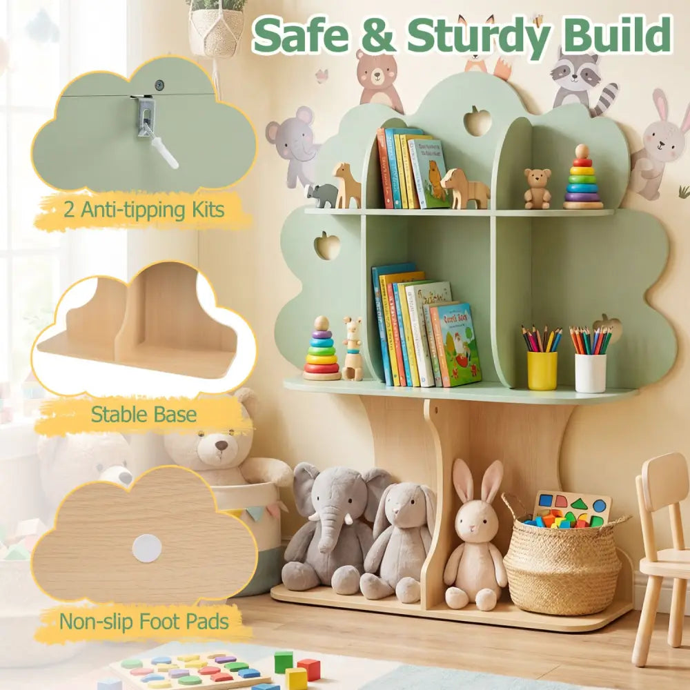 Kids Tree Bookshelf 45’’ Tall Freestanding Bookcase with Open Shelves-Green - Green - Kids Storage
