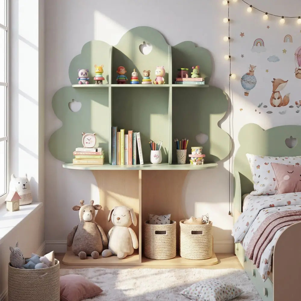 Kids Tree Bookshelf 45’’ Tall Freestanding Bookcase with Open Shelves-Green - Green - Kids Storage
