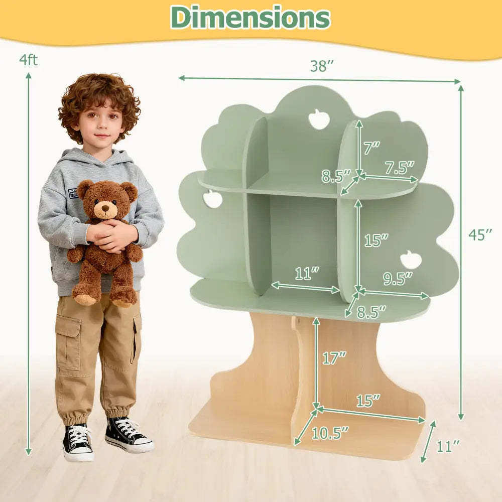 Kids Tree Bookshelf 45’’ Tall Freestanding Bookcase with Open Shelves-Green - Green - Kids Storage