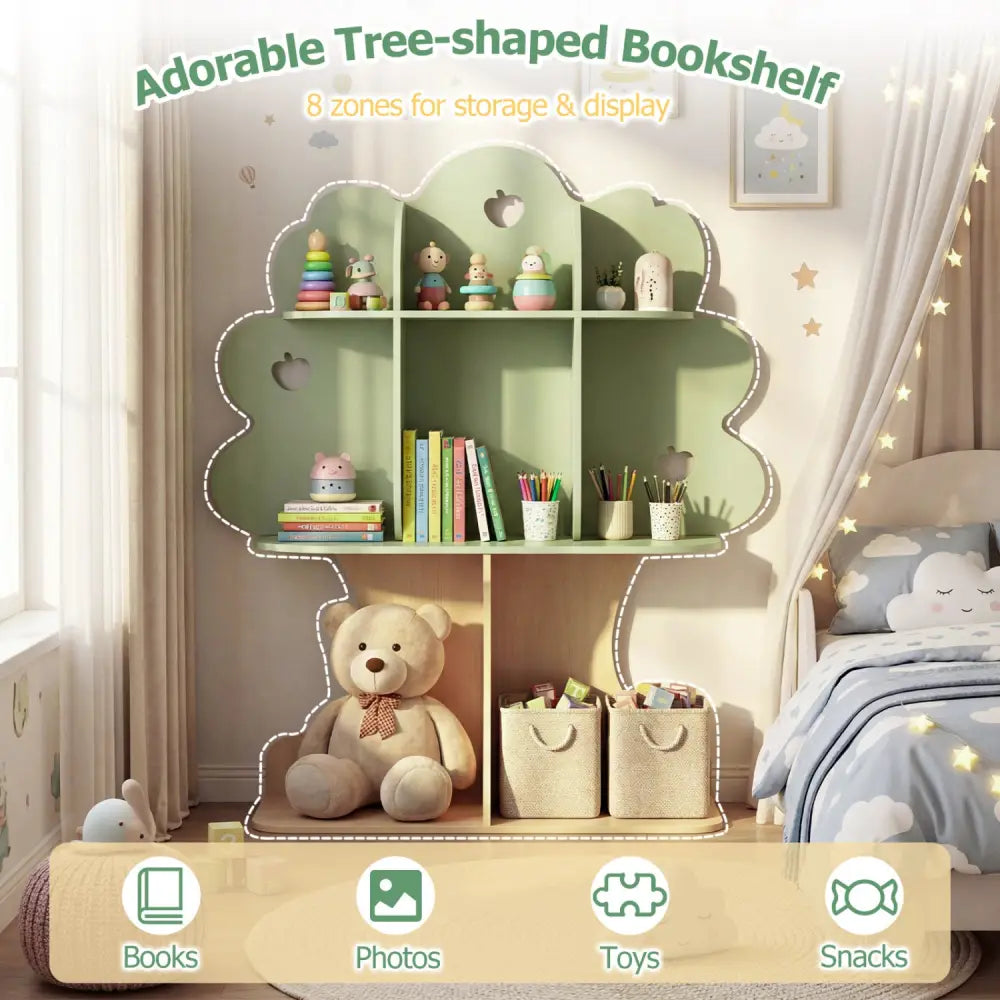 Kids Tree Bookshelf 45’’ Tall Freestanding Bookcase with Open Shelves-Green - Green - Kids Storage