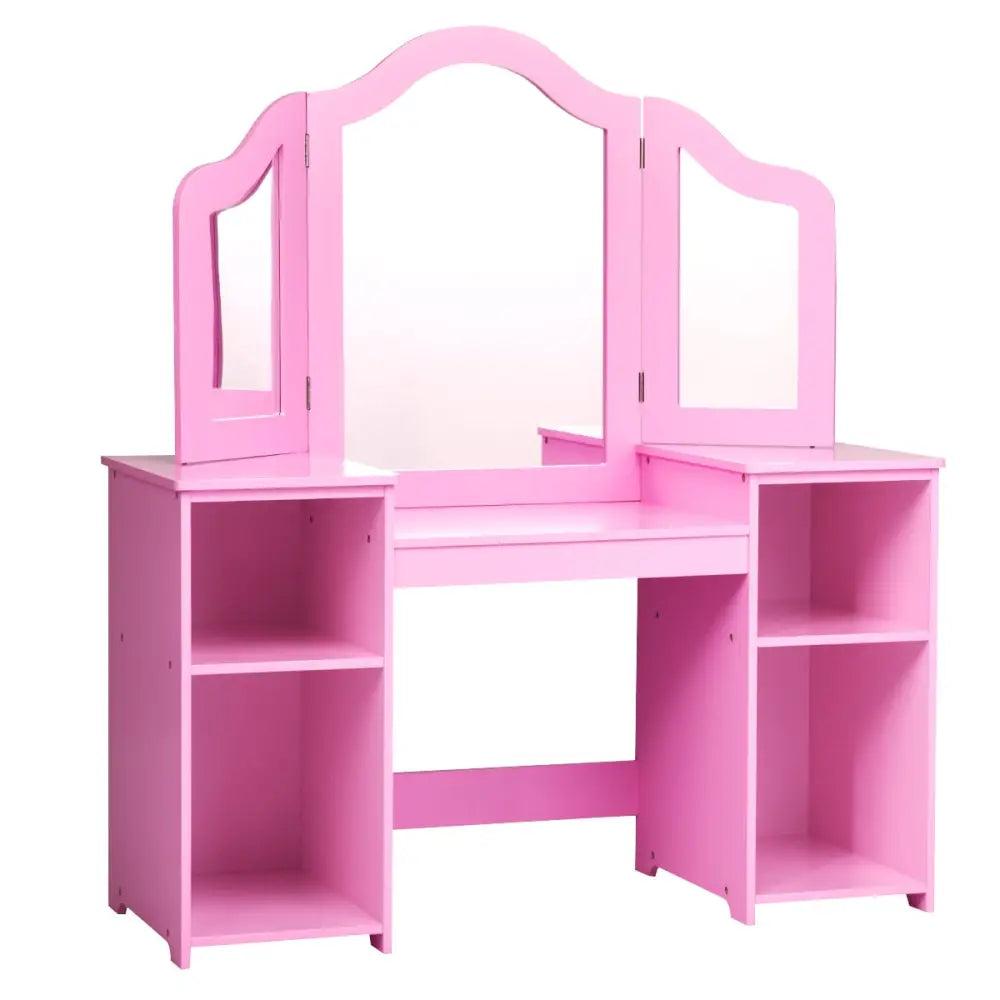 Kids Tri Folding Mirror Makeup Dressing Vanity Table Set-Pink - Pink - Kids Vanities