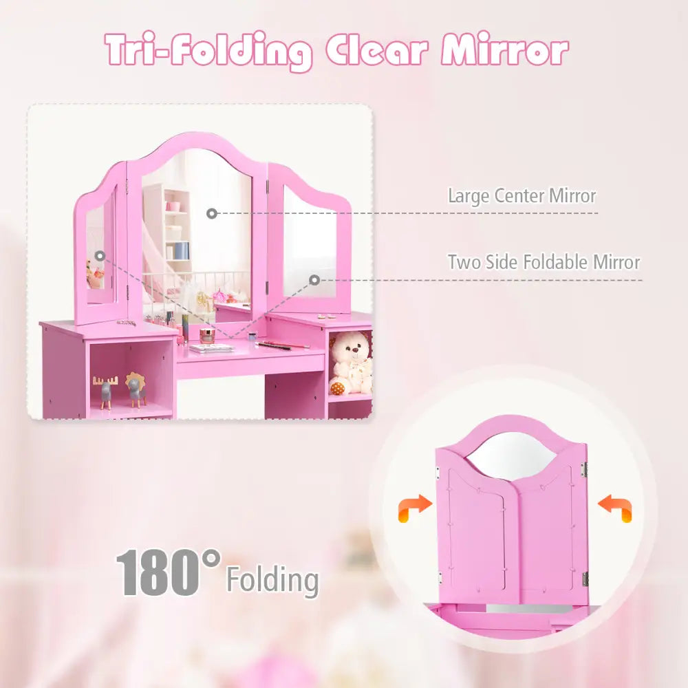Kids Tri Folding Mirror Makeup Dressing Vanity Table Set-Pink - Pink - Kids Vanities