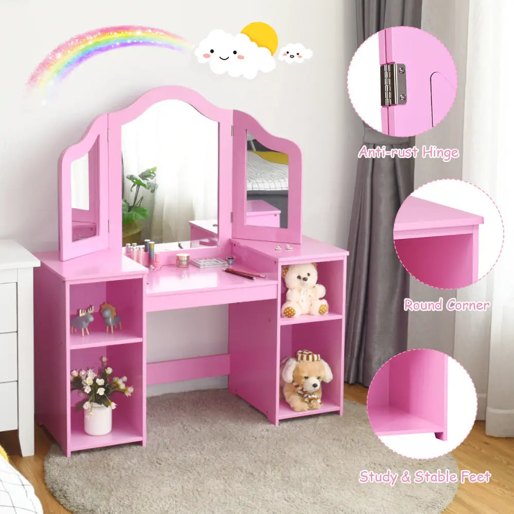 Kids Tri Folding Mirror Makeup Dressing Vanity Table Set-Pink - Pink - Kids Vanities