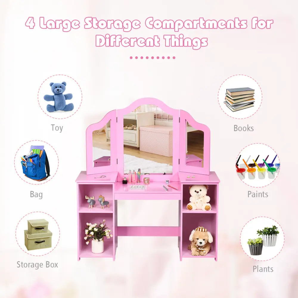 Kids Tri Folding Mirror Makeup Dressing Vanity Table Set-Pink - Pink - Kids Vanities