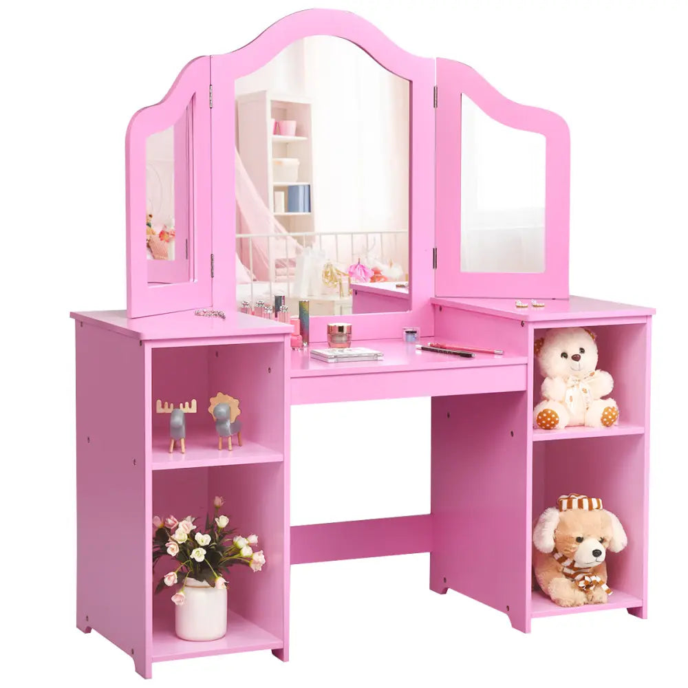 Kids Tri Folding Mirror Makeup Dressing Vanity Table Set-Pink - Pink - Kids Vanities