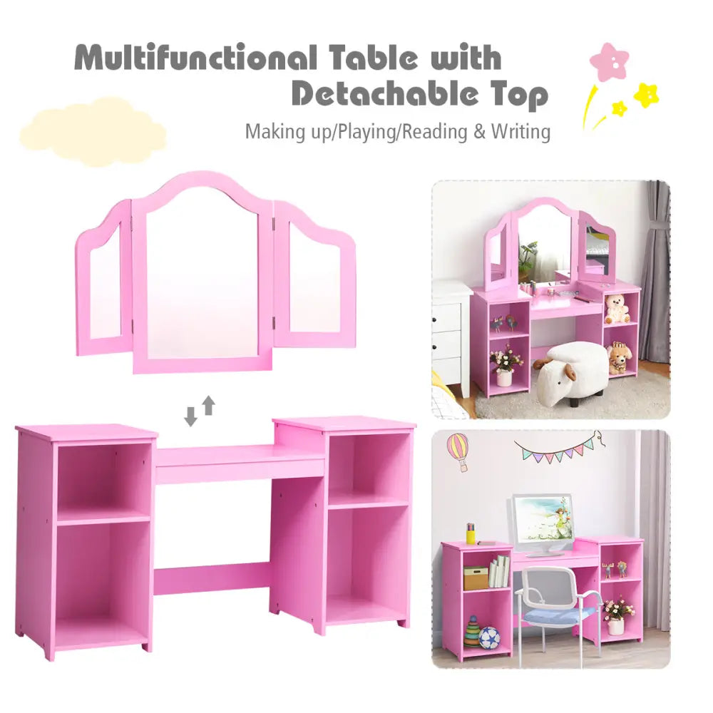 Kids Tri Folding Mirror Makeup Dressing Vanity Table Set-Pink - Pink - Kids Vanities