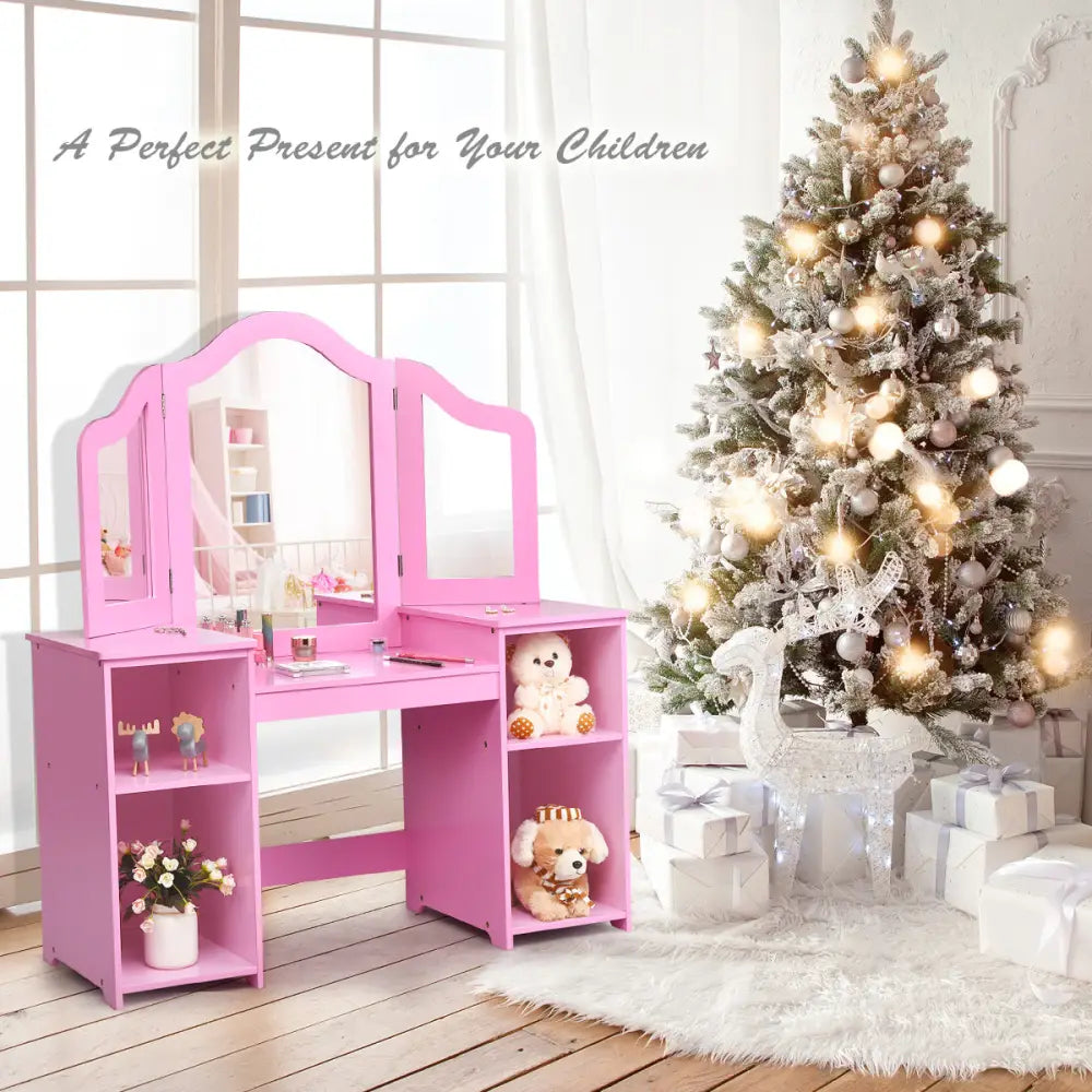 Kids Tri Folding Mirror Makeup Dressing Vanity Table Set-Pink - Pink - Kids Vanities