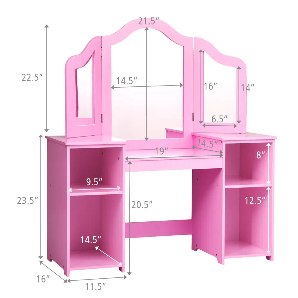 Kids Tri Folding Mirror Makeup Dressing Vanity Table Set-Pink - Pink - Kids Vanities
