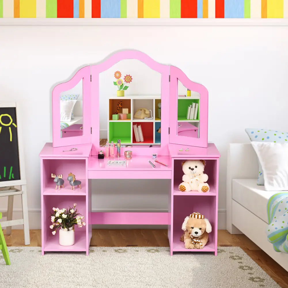 Kids Tri Folding Mirror Makeup Dressing Vanity Table Set-Pink - Pink - Kids Vanities