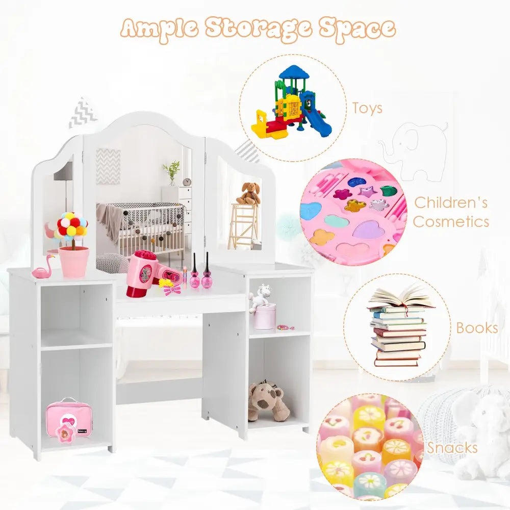 Kids Tri Folding Mirror Makeup Dressing Vanity Table Set-White - White - Kids Vanities