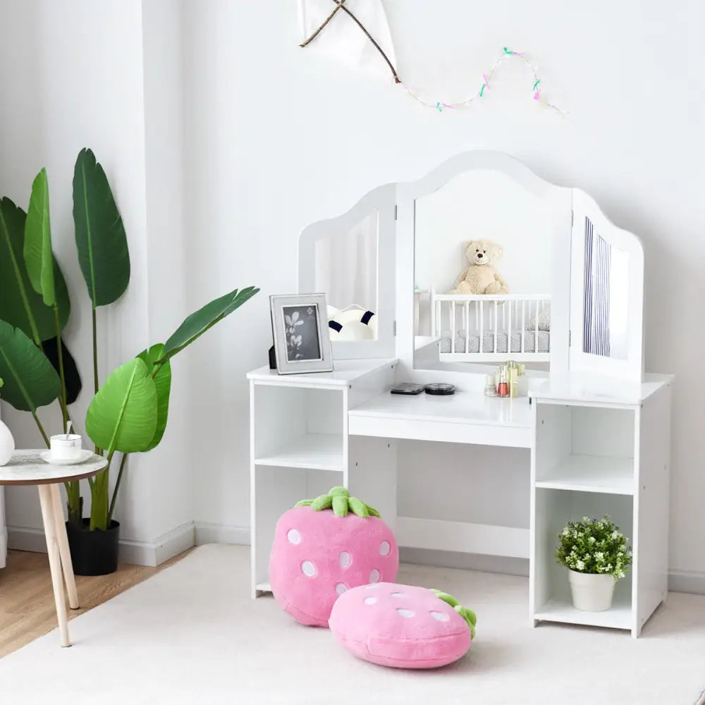 Kids Tri Folding Mirror Makeup Dressing Vanity Table Set-White - White - Kids Vanities