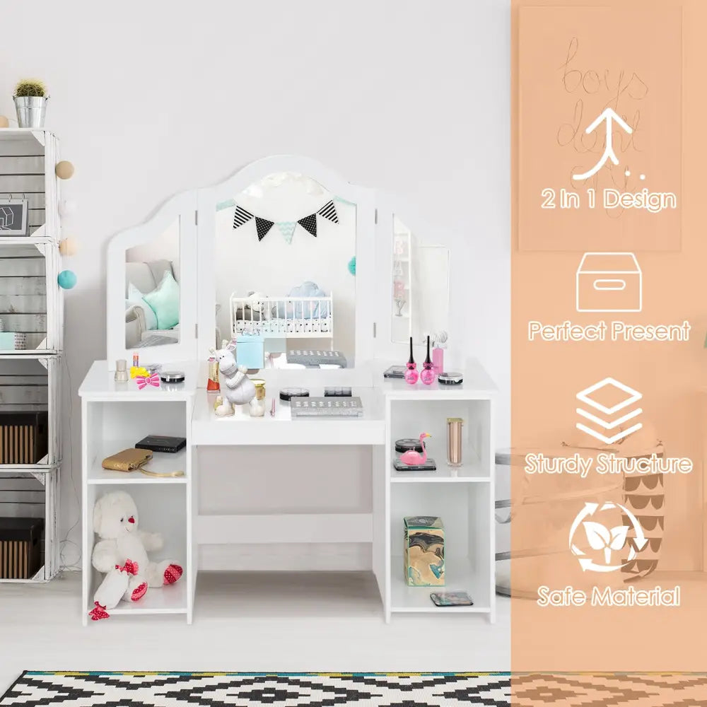 Kids Tri Folding Mirror Makeup Dressing Vanity Table Set-White - White - Kids Vanities