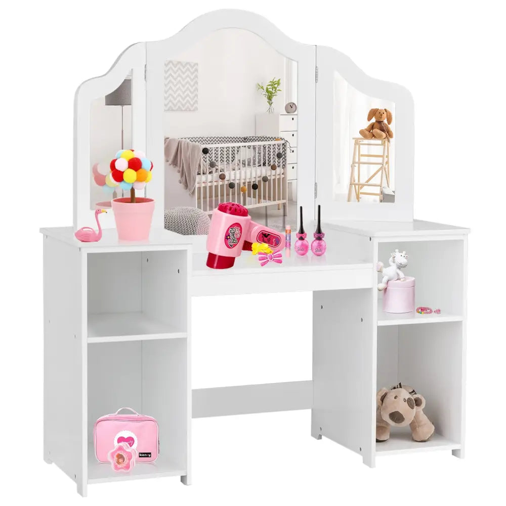 Kids Tri Folding Mirror Makeup Dressing Vanity Table Set-White - White - Kids Vanities