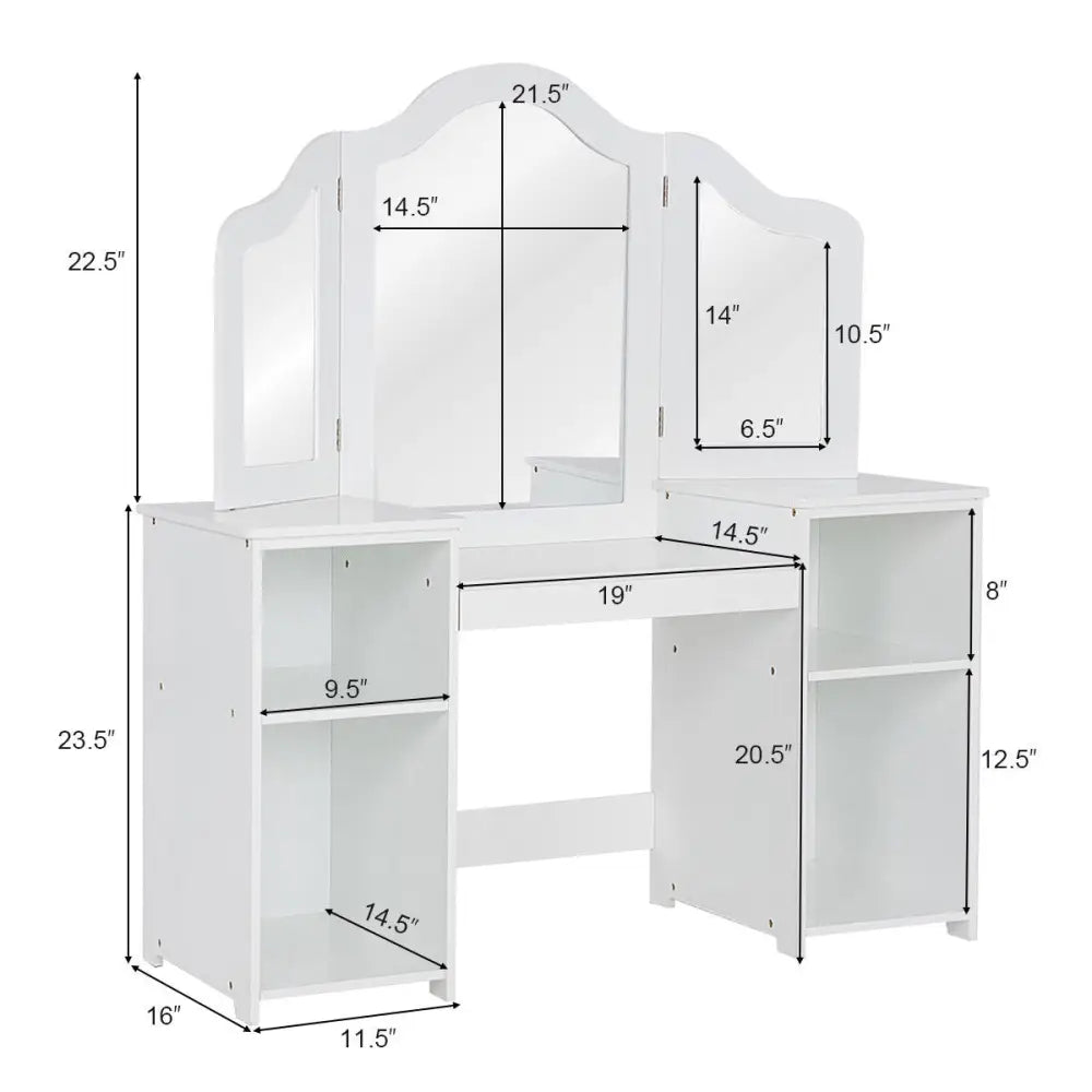 Kids Tri Folding Mirror Makeup Dressing Vanity Table Set-White - White - Kids Vanities