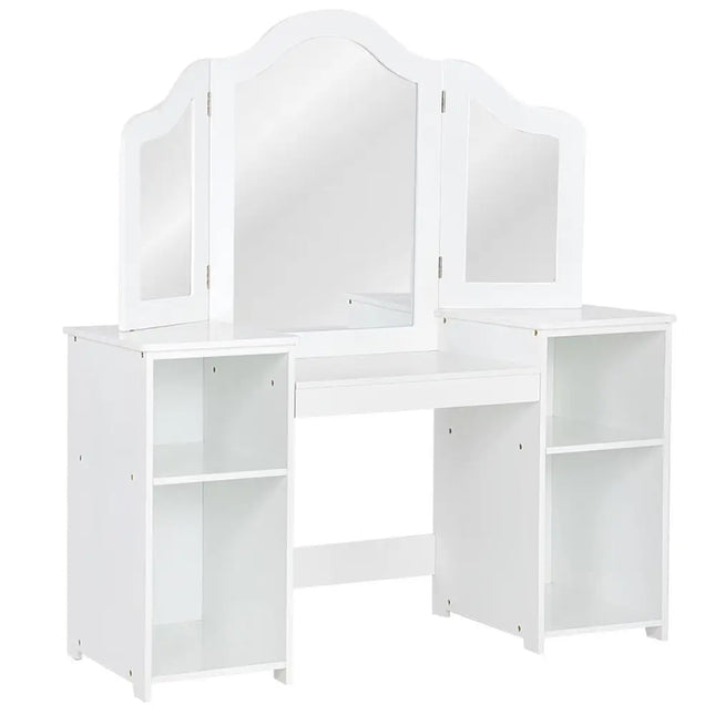 Kids Tri Folding Mirror Makeup Dressing Vanity Table Set-White - White - Kids Vanities