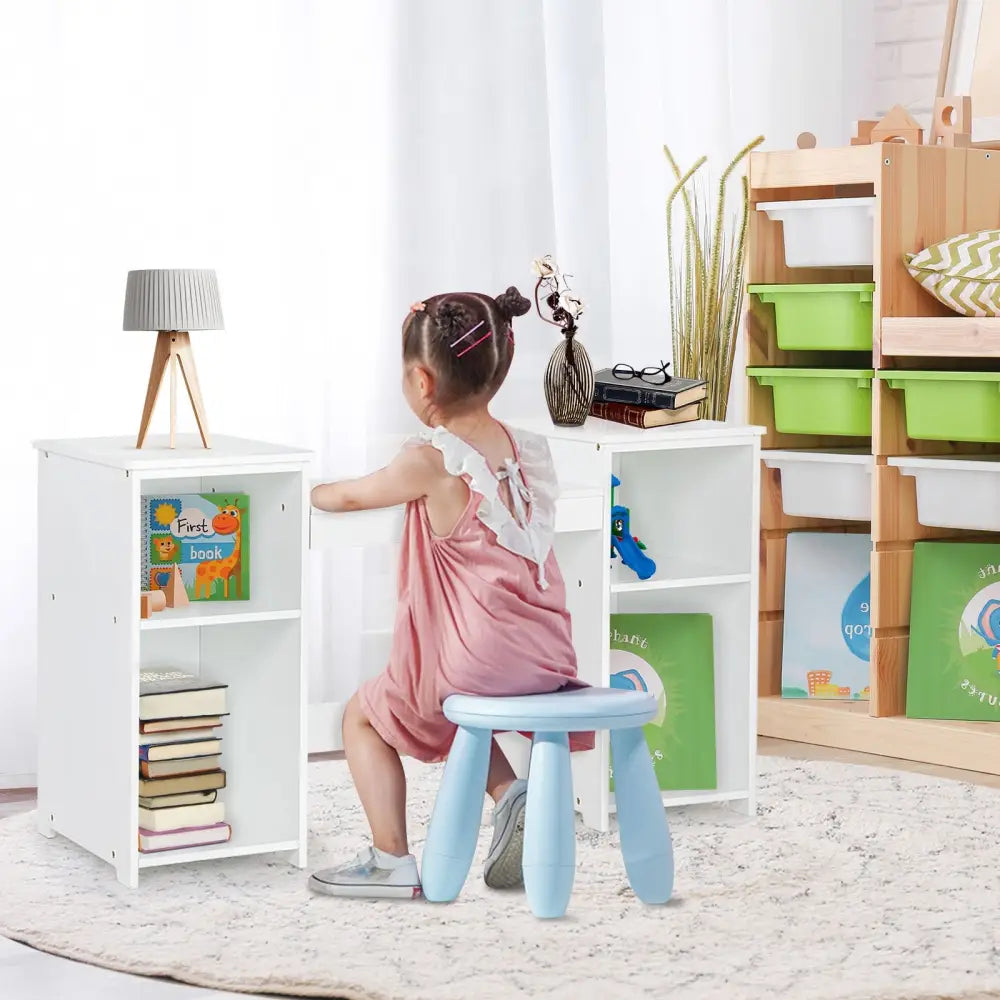 Kids Tri Folding Mirror Makeup Dressing Vanity Table Set-White - White - Kids Vanities