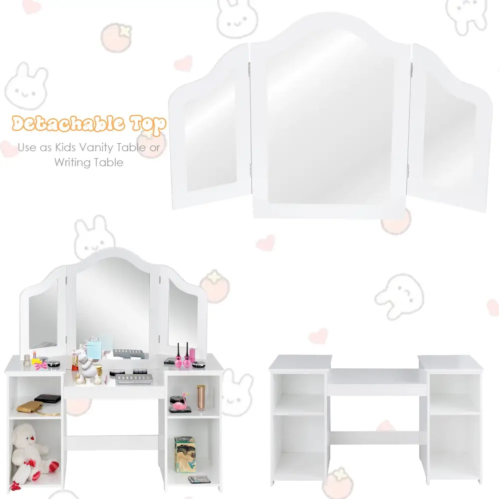 Kids Tri Folding Mirror Makeup Dressing Vanity Table Set-White - White - Kids Vanities