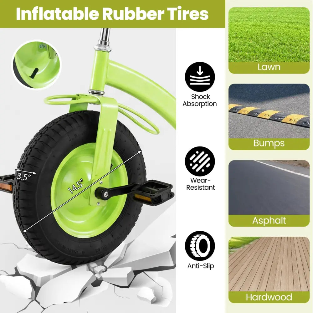 Kids Tricycle with 15 Inch Inflatable Rubber Tires -Green - Green - Push & Pedal Ride On Toys