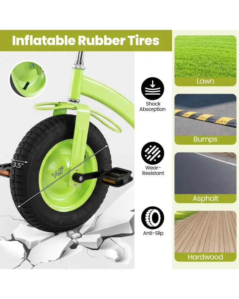 Kids Tricycle with 15 Inch Inflatable Rubber Tires -Green - Green - Push & Pedal Ride On Toys