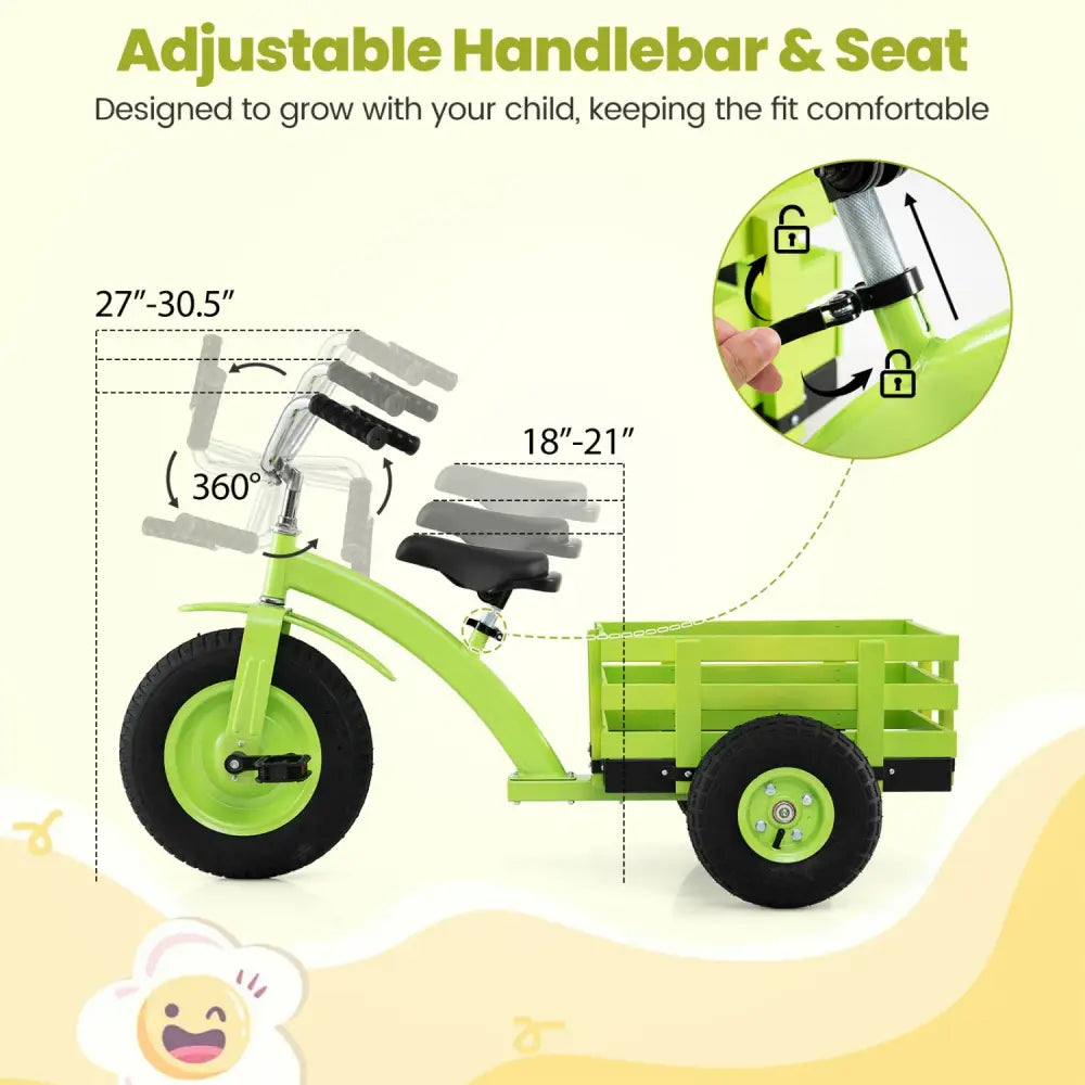 Kids Tricycle with 15 Inch Inflatable Rubber Tires -Green - Green - Push & Pedal Ride On Toys