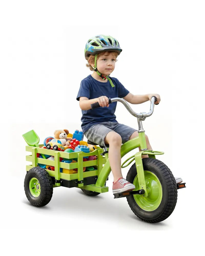Kids Tricycle with 15 Inch Inflatable Rubber Tires -Green - Green - Push & Pedal Ride On Toys