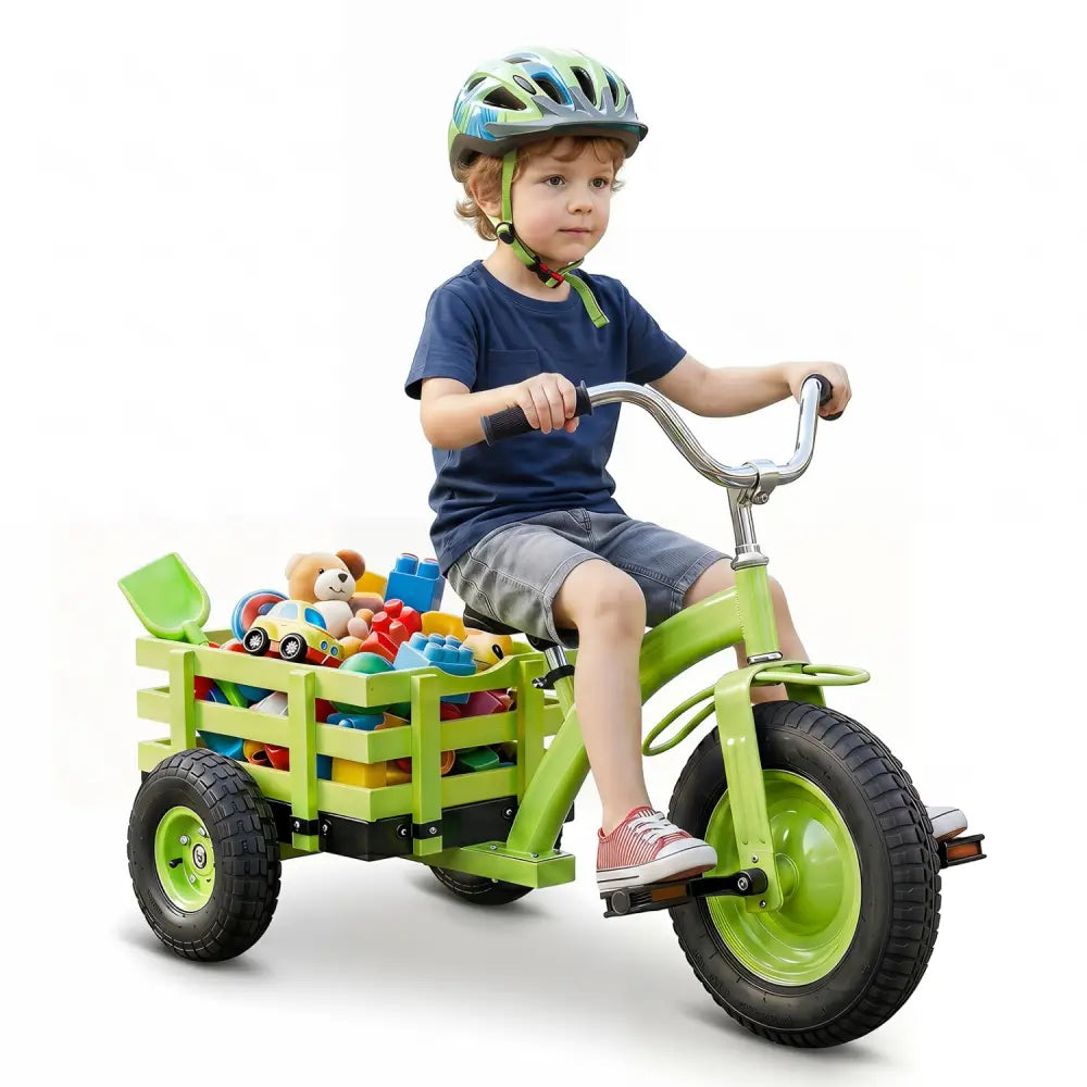 Kids Tricycle with 15 Inch Inflatable Rubber Tires -Green - Green - Push & Pedal Ride On Toys