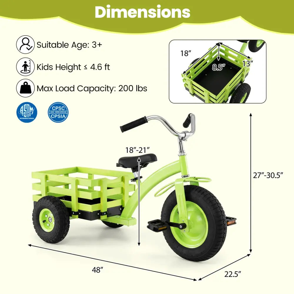 Kids Tricycle with 15 Inch Inflatable Rubber Tires -Green - Green - Push & Pedal Ride On Toys