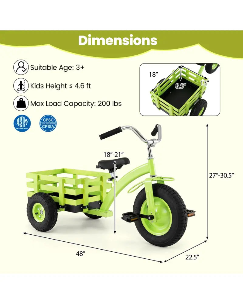 Kids Tricycle with 15 Inch Inflatable Rubber Tires -Green - Green - Push & Pedal Ride On Toys