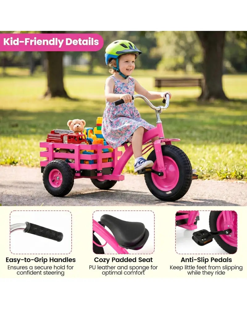 Kids Tricycle with 15 Inch Inflatable Rubber Tires -Pink - Pink - Push & Pedal Ride On Toys