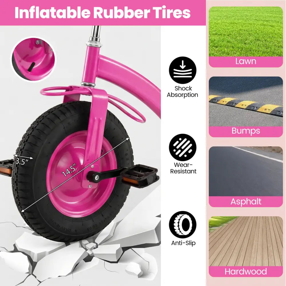 Kids Tricycle with 15 Inch Inflatable Rubber Tires -Pink - Pink - Push & Pedal Ride On Toys
