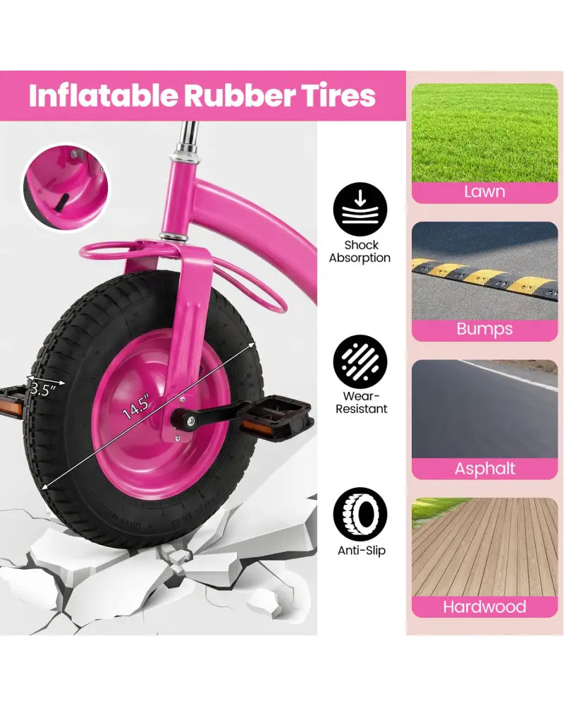 Kids Tricycle with 15 Inch Inflatable Rubber Tires -Pink - Pink - Push & Pedal Ride On Toys
