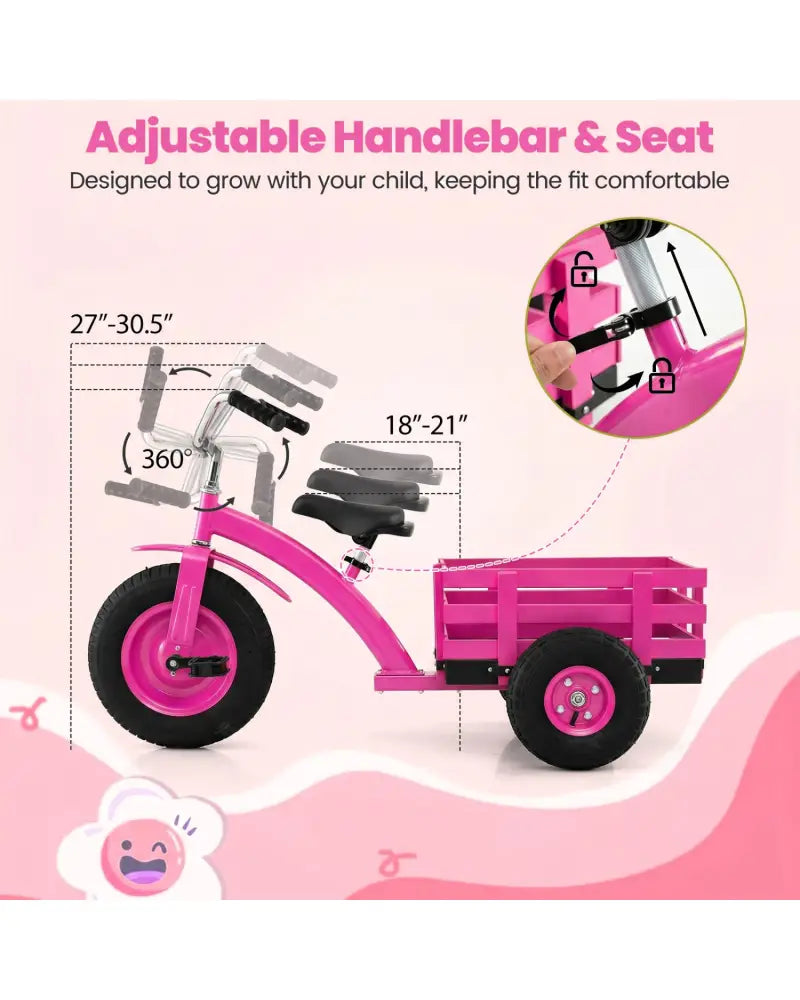 Kids Tricycle with 15 Inch Inflatable Rubber Tires -Pink - Pink - Push & Pedal Ride On Toys