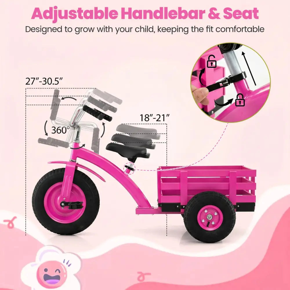 Kids Tricycle with 15 Inch Inflatable Rubber Tires -Pink - Pink - Push & Pedal Ride On Toys