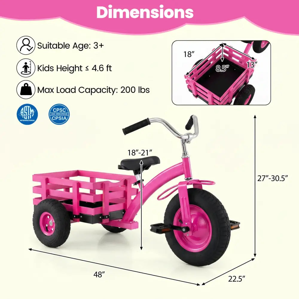 Kids Tricycle with 15 Inch Inflatable Rubber Tires -Pink - Pink - Push & Pedal Ride On Toys