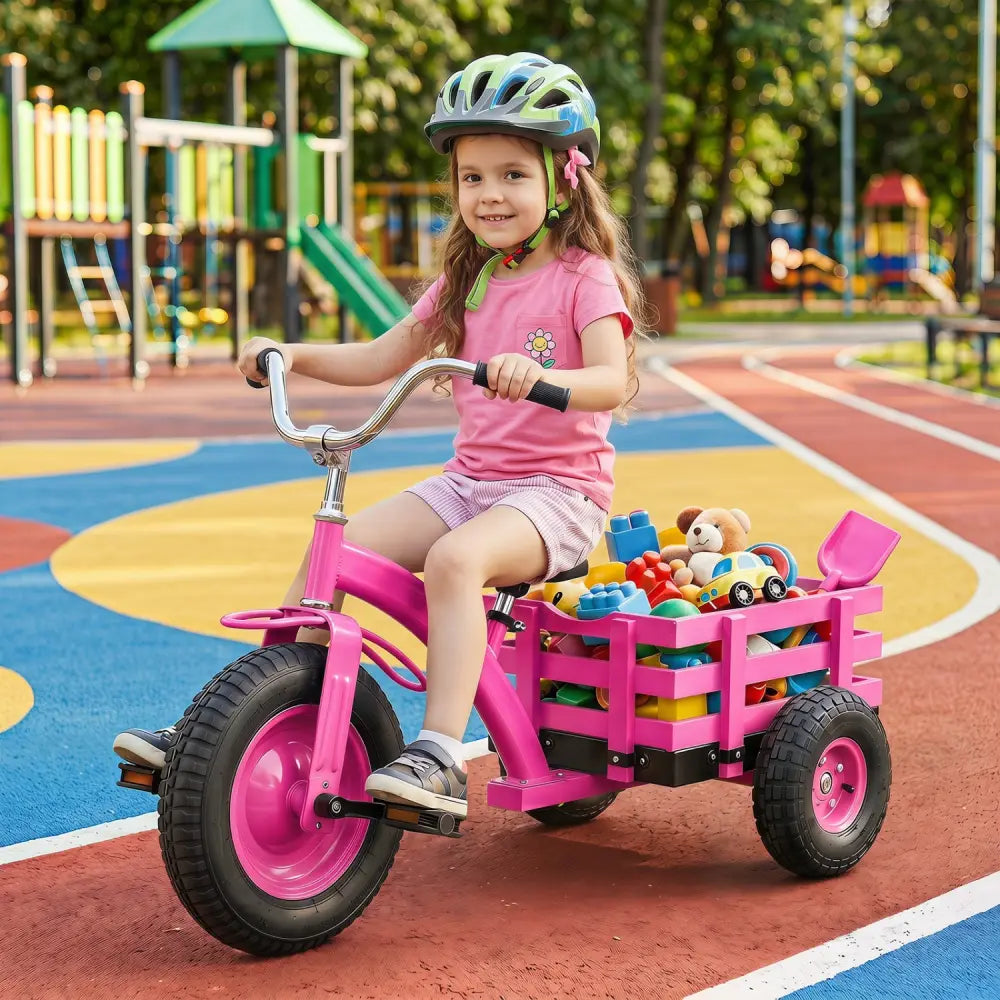 Kids Tricycle with 15 Inch Inflatable Rubber Tires -Pink - Pink - Push & Pedal Ride On Toys