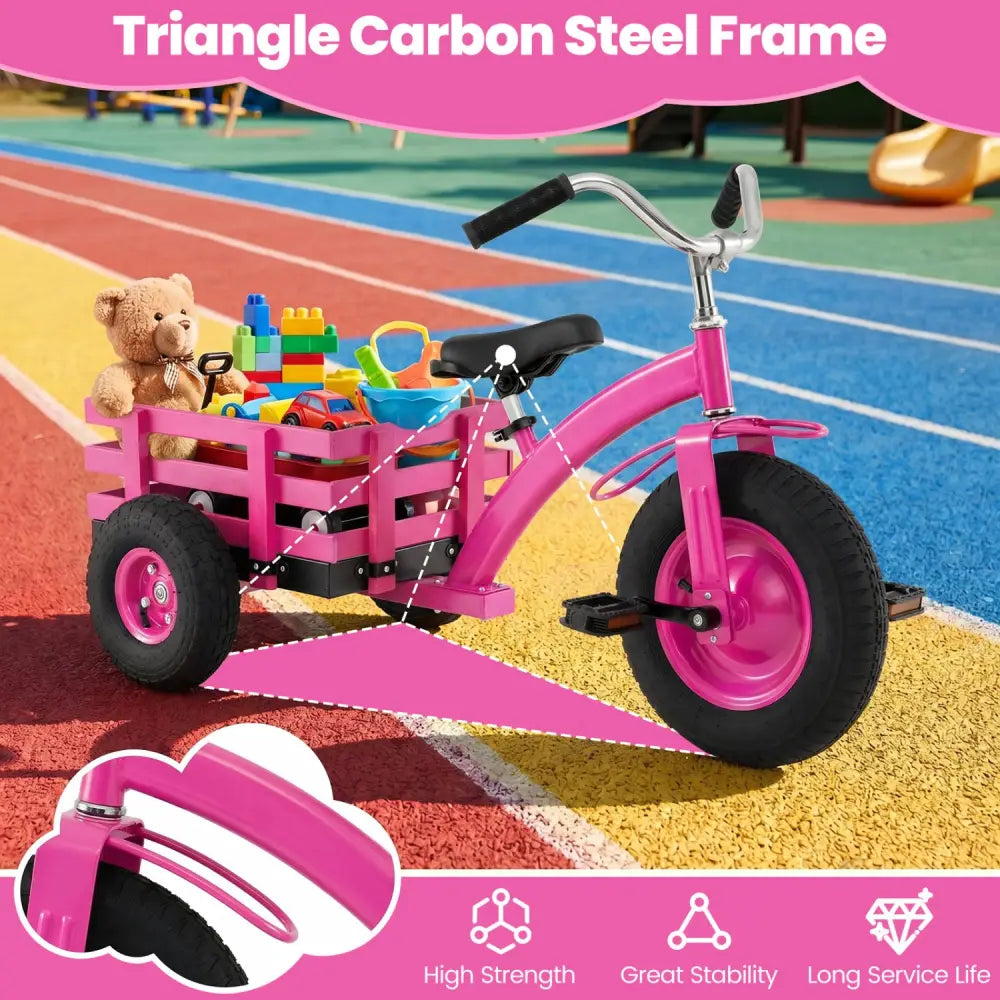 Kids Tricycle with 15 Inch Inflatable Rubber Tires -Pink - Pink - Push & Pedal Ride On Toys