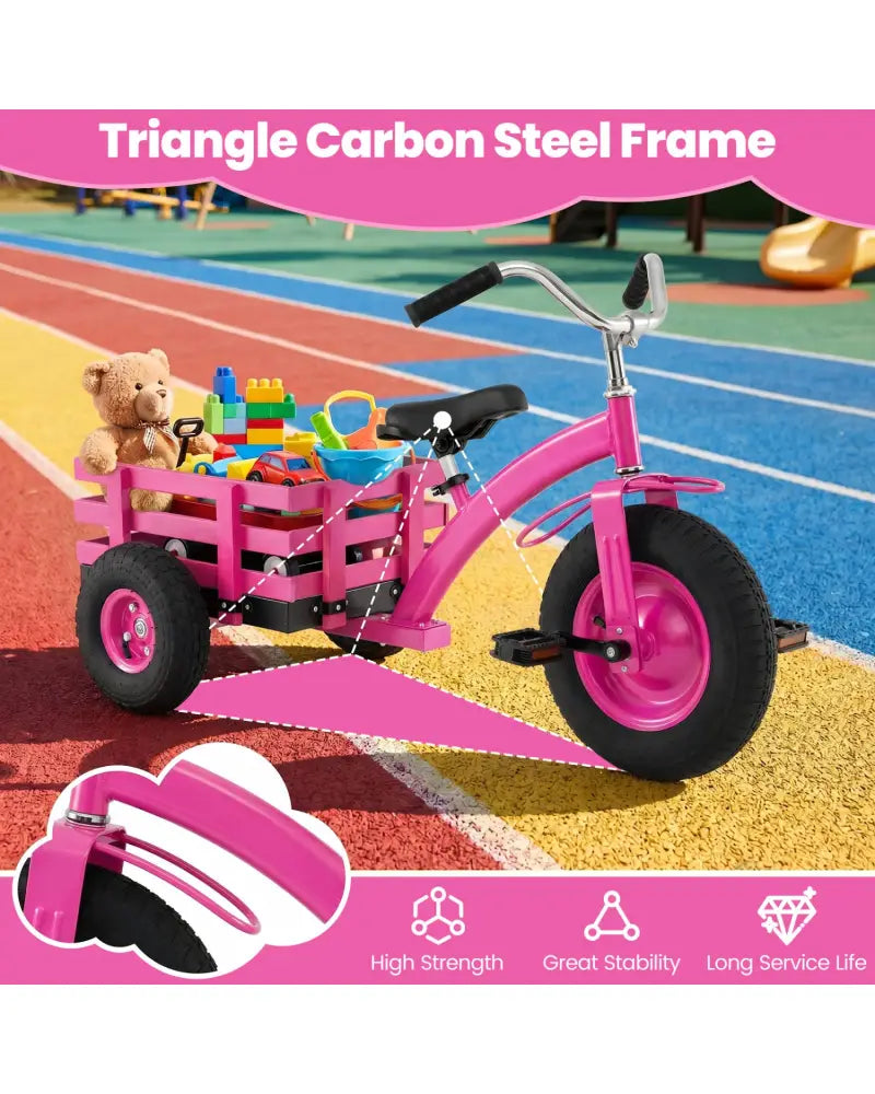 Kids Tricycle with 15 Inch Inflatable Rubber Tires -Pink - Pink - Push & Pedal Ride On Toys