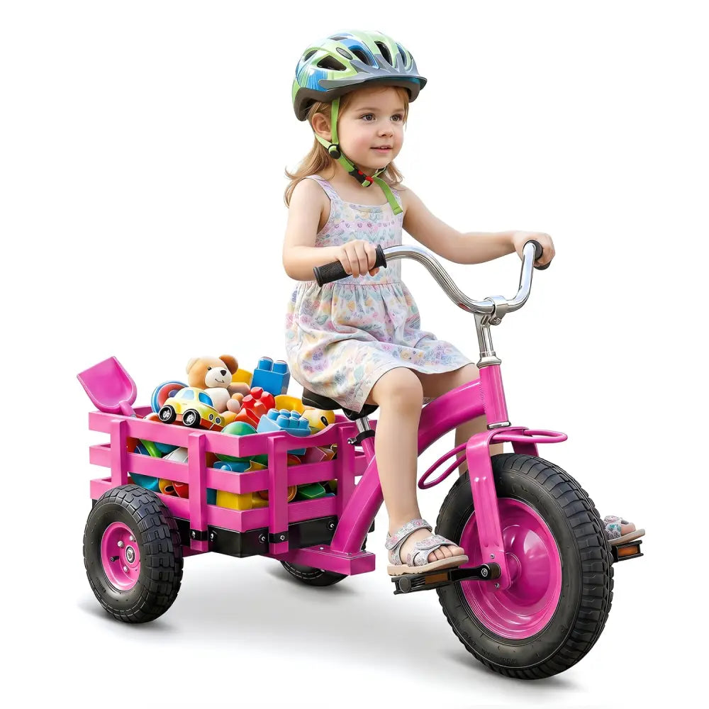 Kids Tricycle with 15 Inch Inflatable Rubber Tires -Pink - Pink - Push & Pedal Ride On Toys