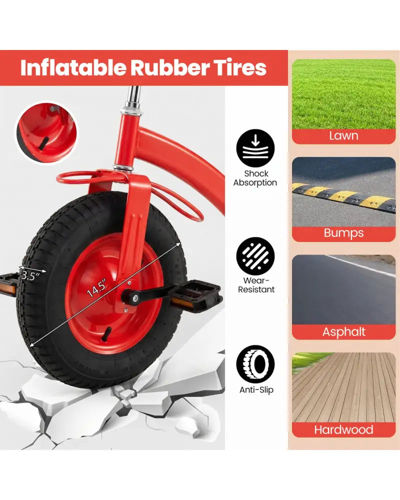 Kids Tricycle with 15 Inch Inflatable Rubber Tires-Red - Red - Push & Pedal Ride On Toys