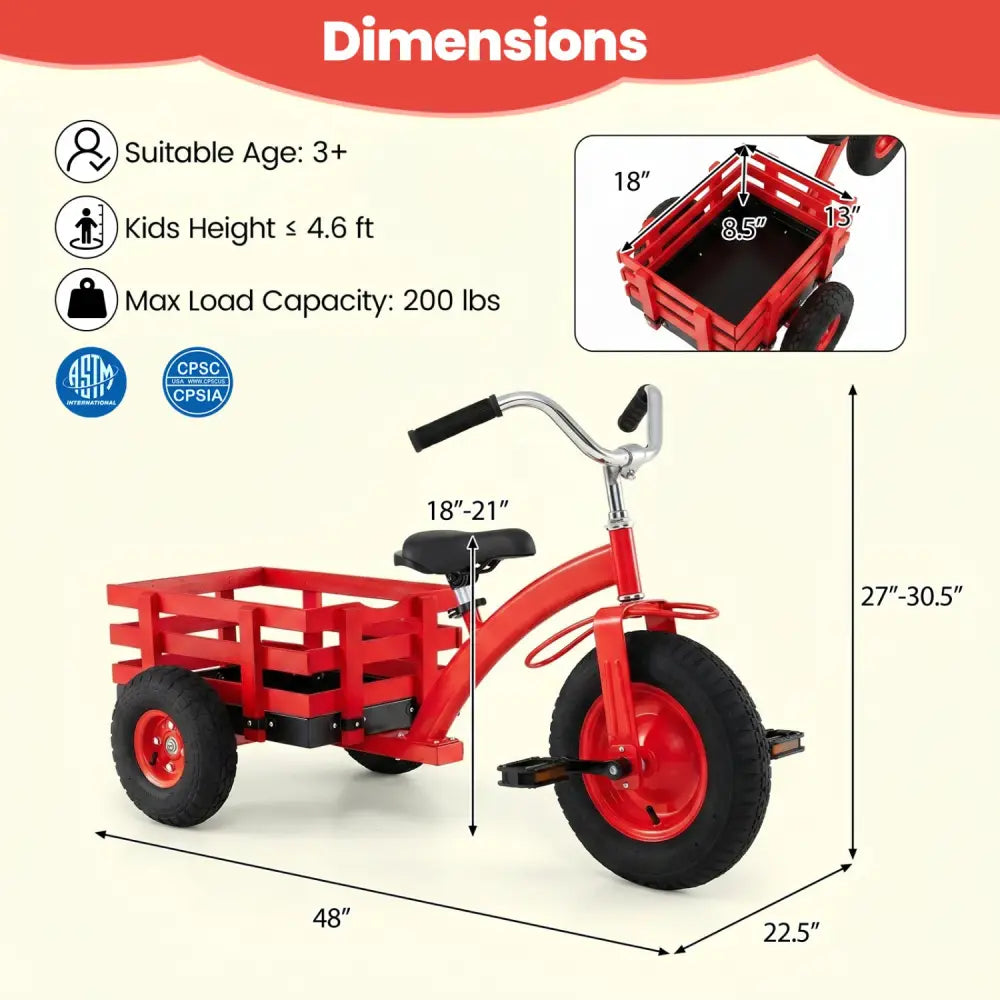 Kids Tricycle with 15 Inch Inflatable Rubber Tires-Red - Red - Push & Pedal Ride On Toys