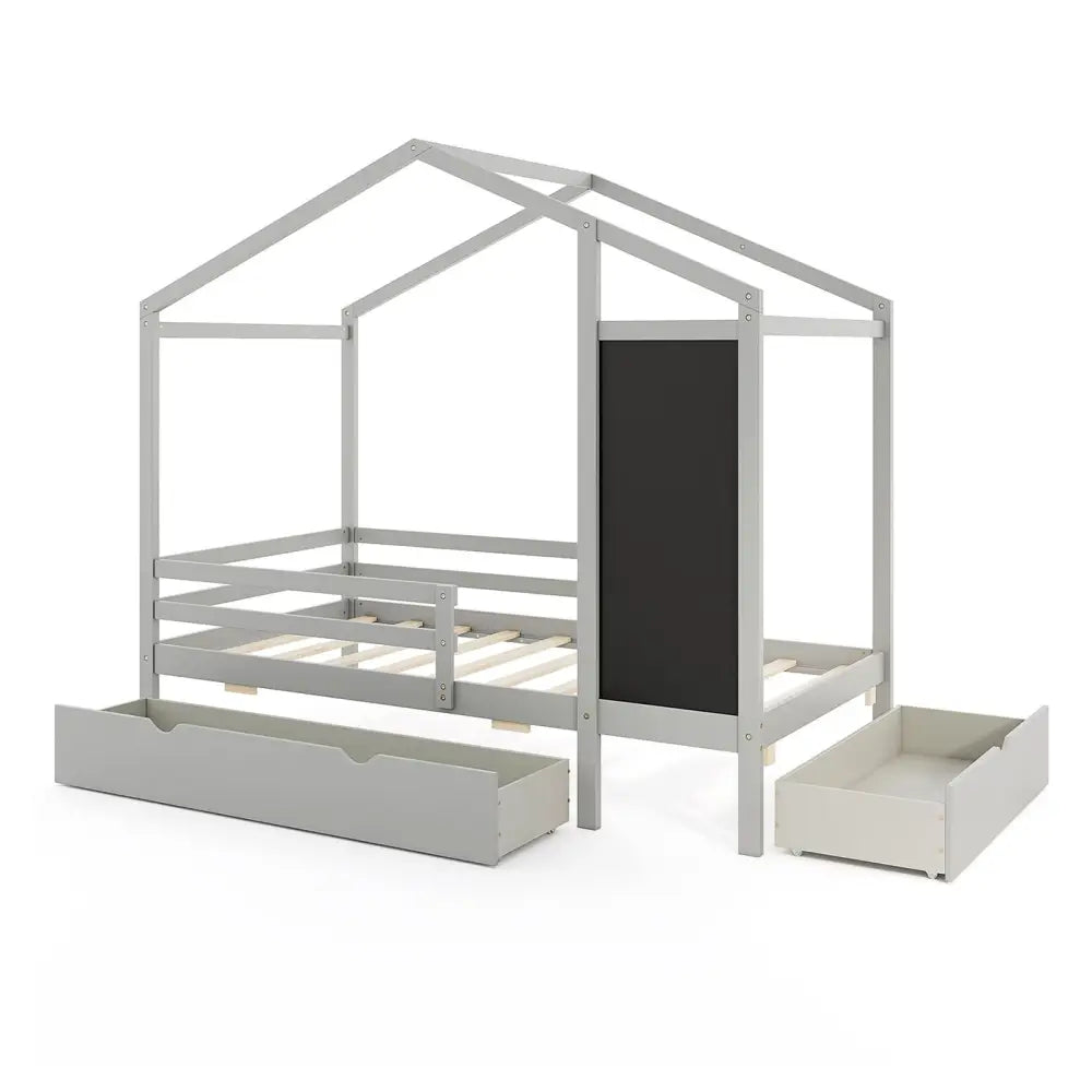 Kids Twin Size Bed with 2 Drawers Solid Wood Bed with Blackboard-Gray - Gray - Toddler Beds