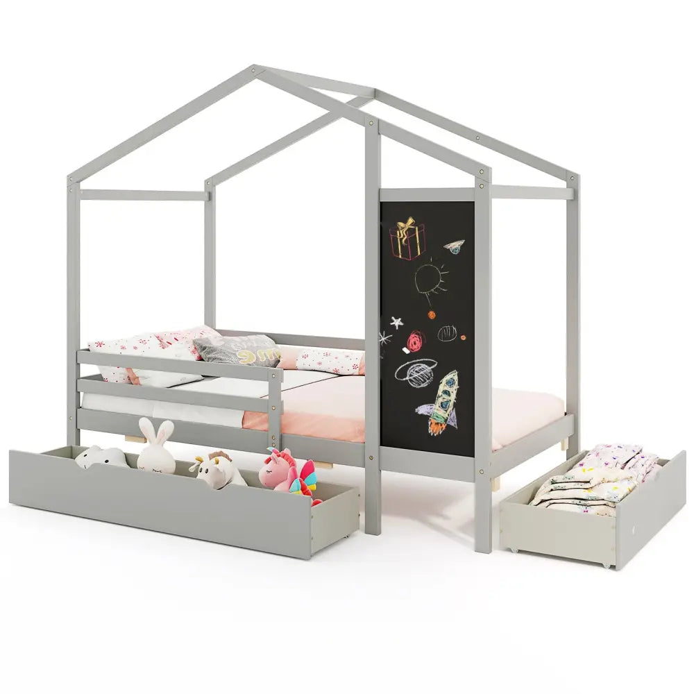 Kids Twin Size Bed with 2 Drawers Solid Wood Bed with Blackboard-Gray - Gray - Toddler Beds